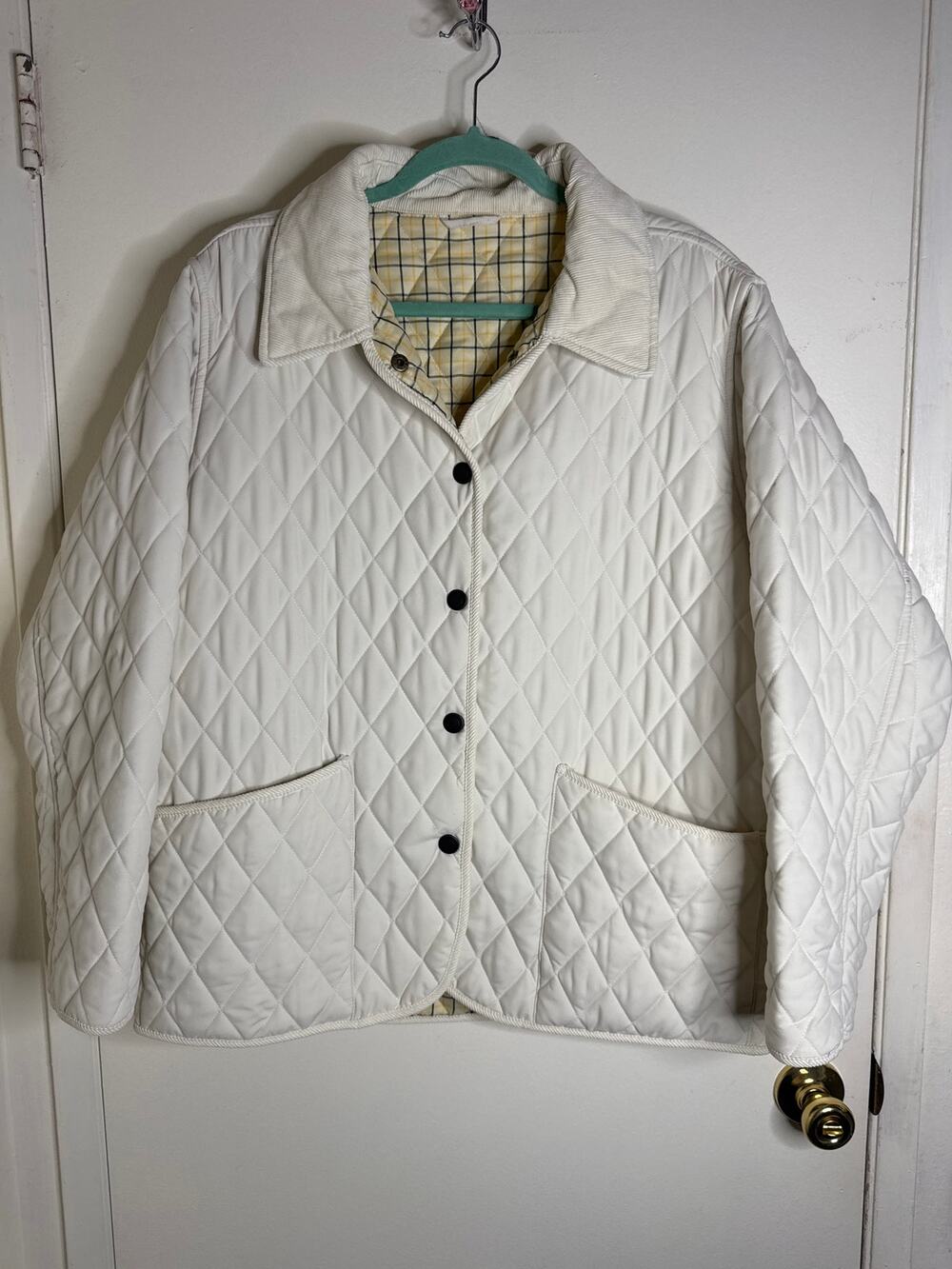 VTG Women’s John Partridge Quilted Jacket XL Cream Plaid Lined Made in England
